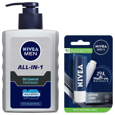 NIVEA Men Face Wash, Oil Control, 10x Vitamin C, 150ml And NIVEA Men Lip Care, Active Care Lip Balm, SPF 15, 4.8g